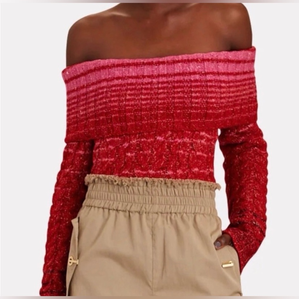 Staud Myrna Off-The-Shoulder Cable-Knit
Sweater MEDIUM NWT Pink Red